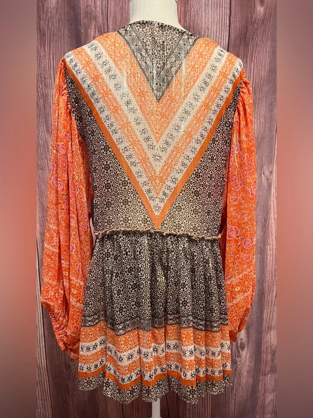 Free People Aliyah Orange Printed Boho Tunic with Balloon Sleeves